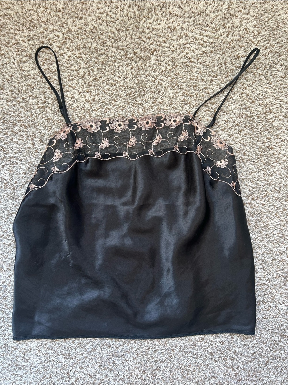 Black Satin Camisole with Pink Floral Embroidery - Women Tops